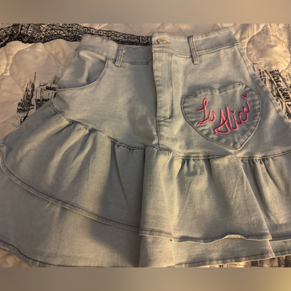 Light Blue Denim Mini Skirt with Pink Embroidery